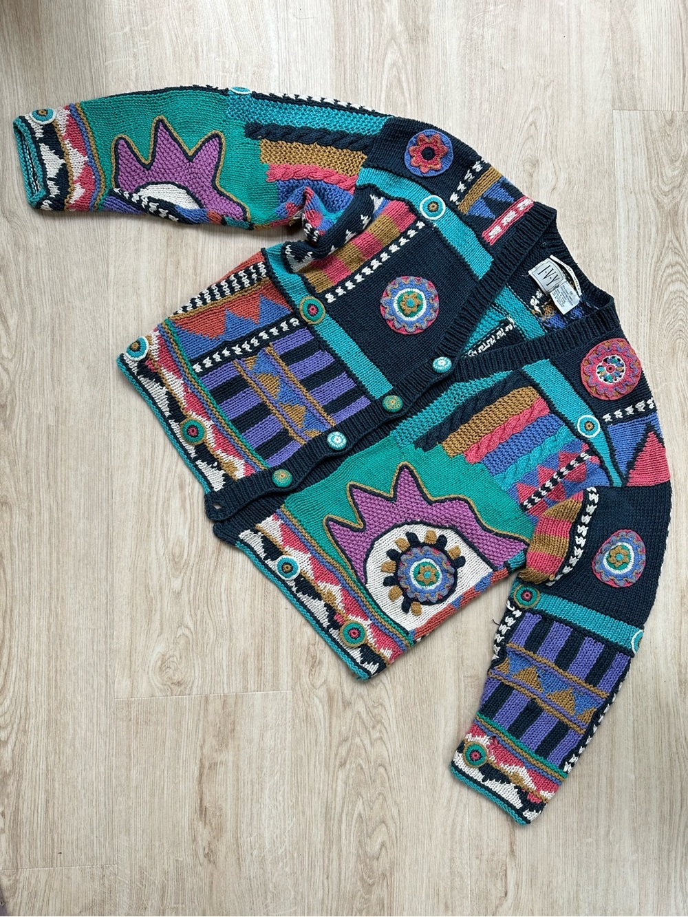 Hand-Knit Patchwork 80s 90s Bold Graphic Quirky Maximalist Oversized Sweater ~ M - Picture 8 of 17
